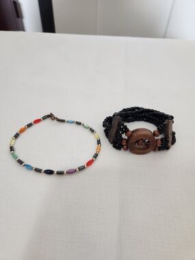 Multicolor Bead Ankle Bracelet And Black And Brown Stretchy Bead Bracelet